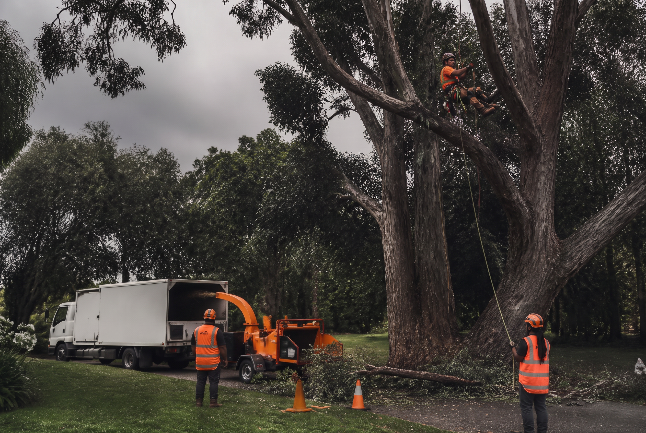 NZ TreeSMITHS arborist crew removing a large tree on a commercial site in South Auckland